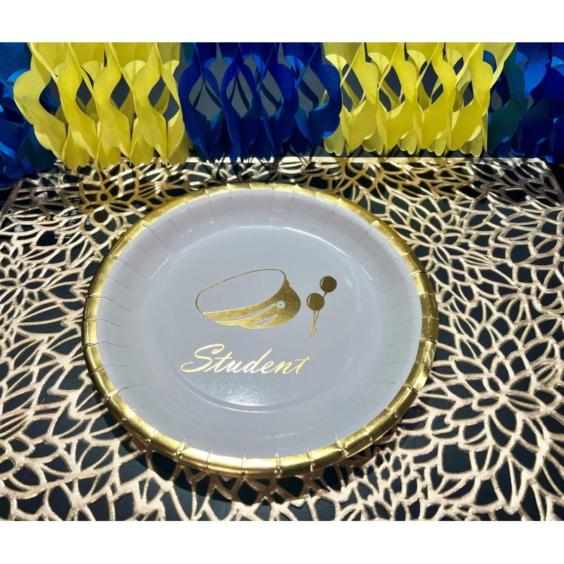 Tallrik Engångs Student 22,5 cm Vit/Guld