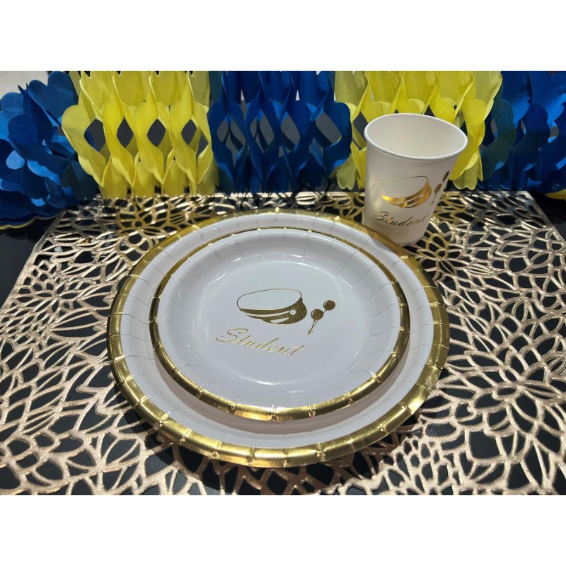 Tallrik Engångs Student 22,5 cm Vit/Guld