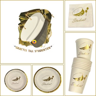 Studentpaket Vit/Guld Tallrikar Servetter Muggar Girlang Student