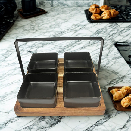 Skålset 5 delar Trä/Keramik Svart